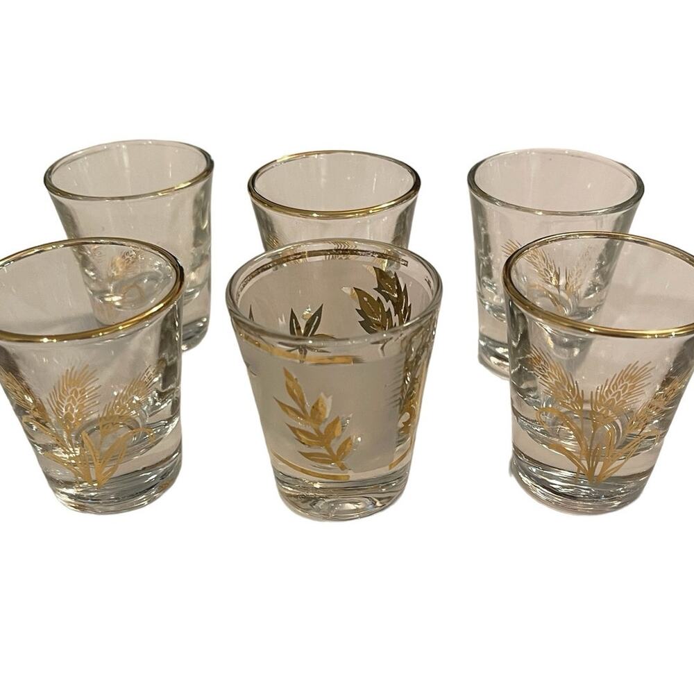Vintage MCM Shot Glasses Set of 6 Anchor Hocking and Libbey Clear & Gold Wheat